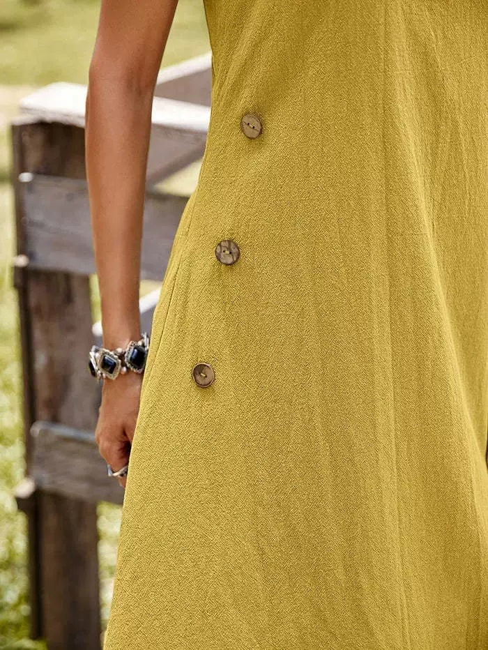 Women Linen Blend Vintage Crew Neck Sleeveless A-Line Button Irregular Hem Summer Going Out Dress