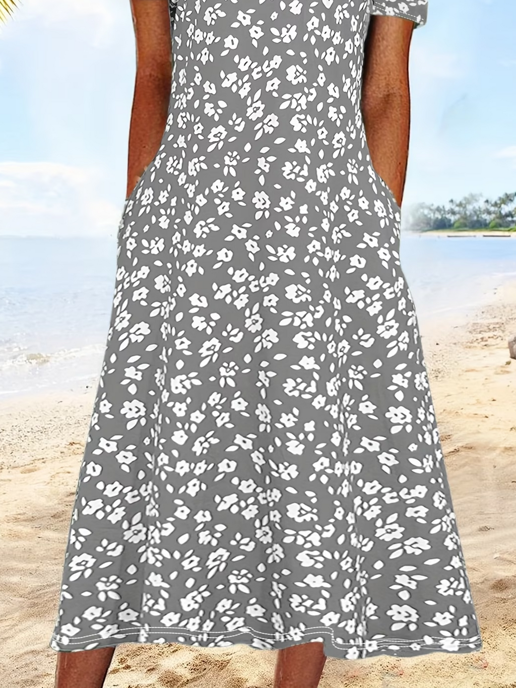 Women's Short Sleeve Summer Gray Floral Printing Crew Neck Daily Going Out Casual Maxi H-Line Shift Dress Dress