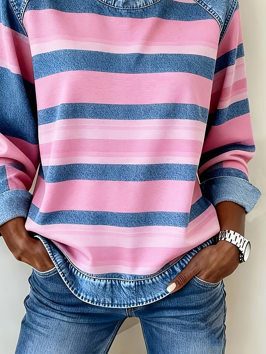 Women's Abstract Stripes Print Patchwork Denim Crewneck Long-Sleeved Sweatshirt