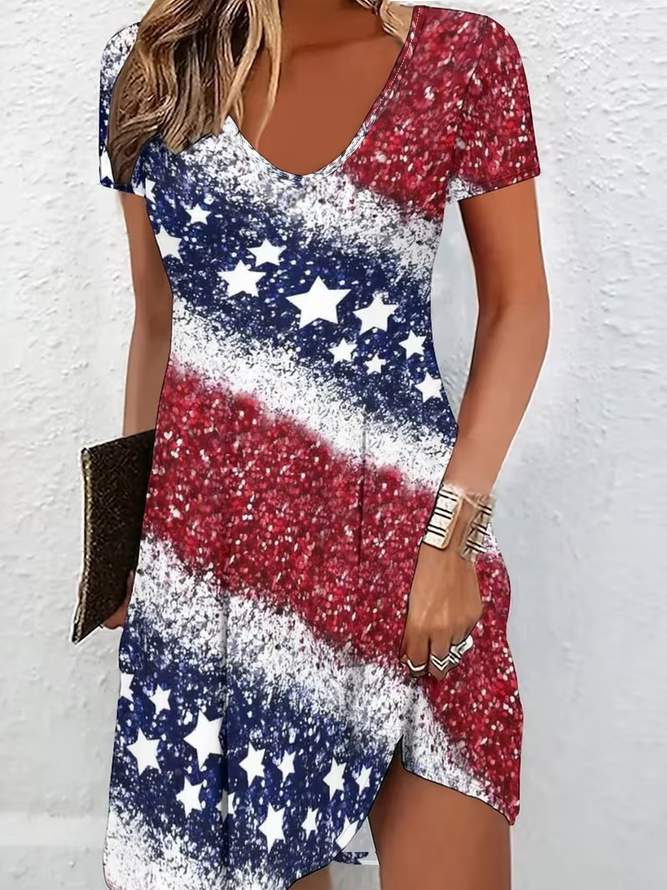 Women's Short Sleeve Summer As Picture America Flag V Neck Daily Going Out Casual Midi A-Line Fit & Flare Dress Dress