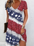 Women's Short Sleeve Summer As Picture America Flag V Neck Daily Going Out Casual Midi A-Line Fit & Flare Dress Dress