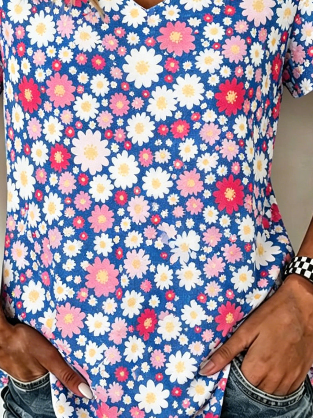 Loose Daisy Floral Cotton-Blend Ruffle Short Sleeve V Neck Summer Daily Going Out Casual Top