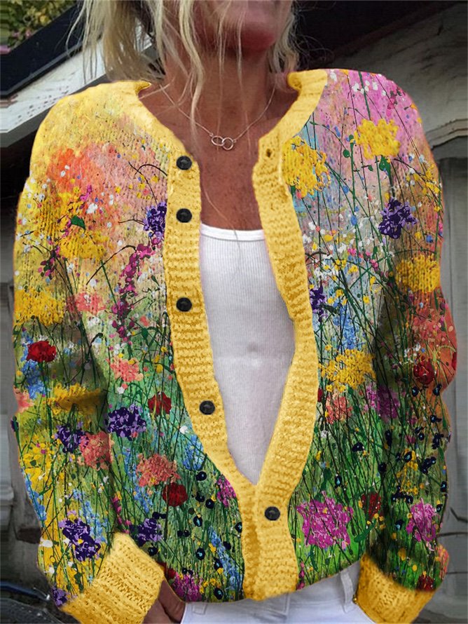 Retro plant flower button cardigan