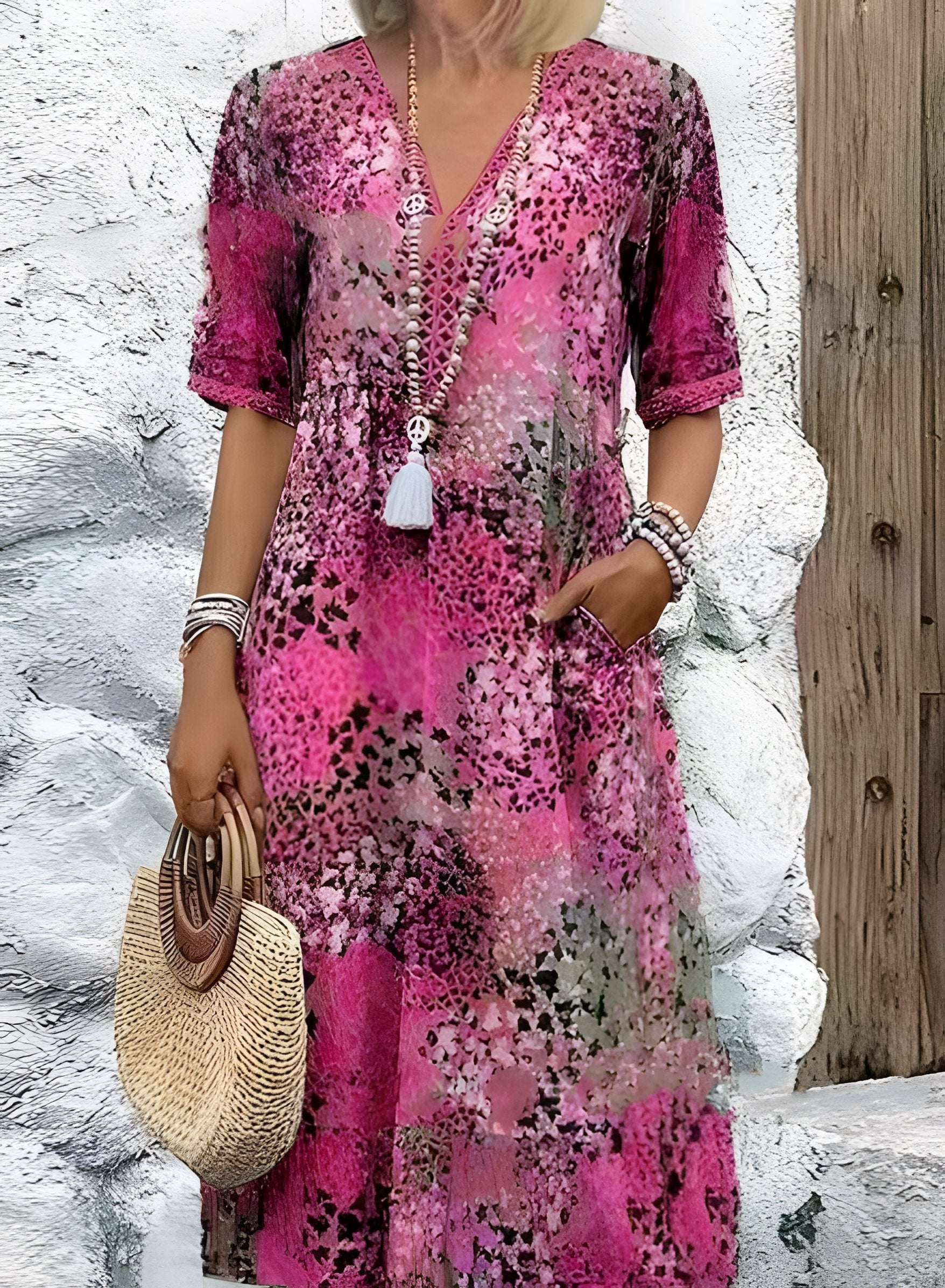Women's Short Sleeve Summer Khaki Floral Split Joint V Neck Daily Going Out Vintage Maxi A-Line T-Shirt Dress Dress