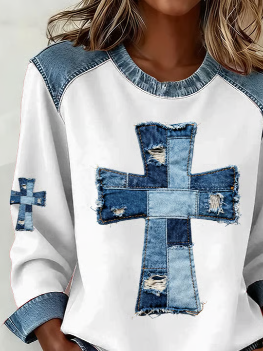 Women's Belief Print Patchwork Denim Crewneck Long-Sleeved Sweatshirt