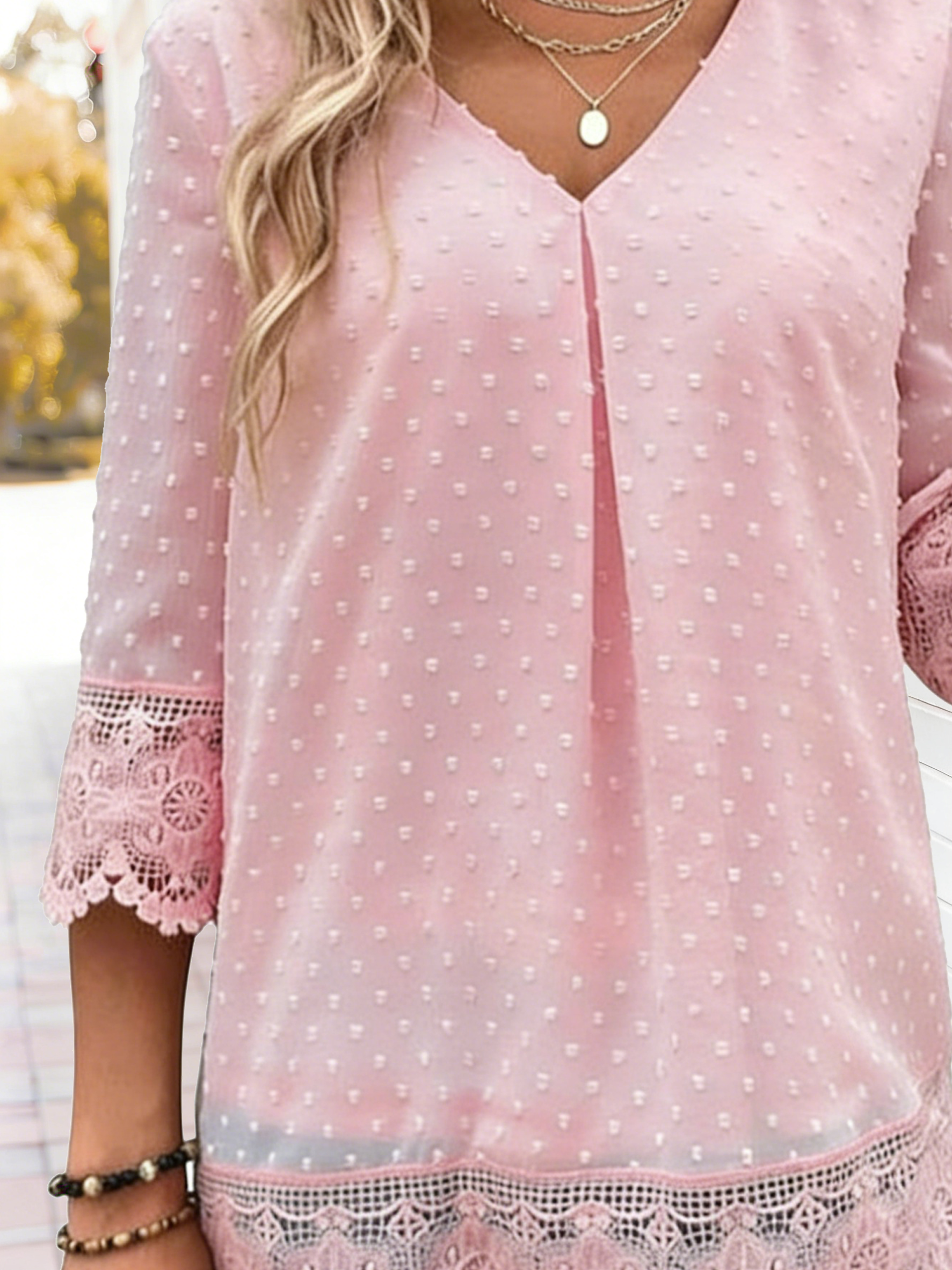 Loose Elegant Lace Block Chiffon V Neck Blouse