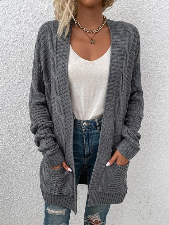 Vintage Split Joint Cable Knit Jacquard Cardigan Sweater Mid-Length Twisted Cord Cardigan