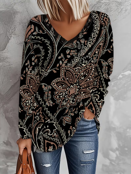 Women's Long Sleeve T-shirt Spring/Fall Black Floral Printing Jersey V Neck Daily Going Out Casual Top