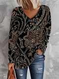 Women's Long Sleeve T-shirt Spring/Fall Black Floral Printing Jersey V Neck Daily Going Out Casual Top