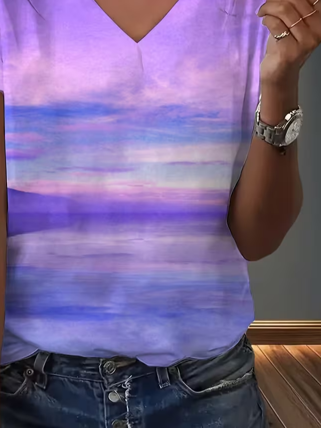 Women's Short Sleeve T-shirt Summer Purple Abstract Printing V Neck Holiday Going Out Vintage Top