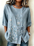 Women's Half Sleeve Shirt Summer Blue Floral Crew Neck Daily Going Out Vintage Top
