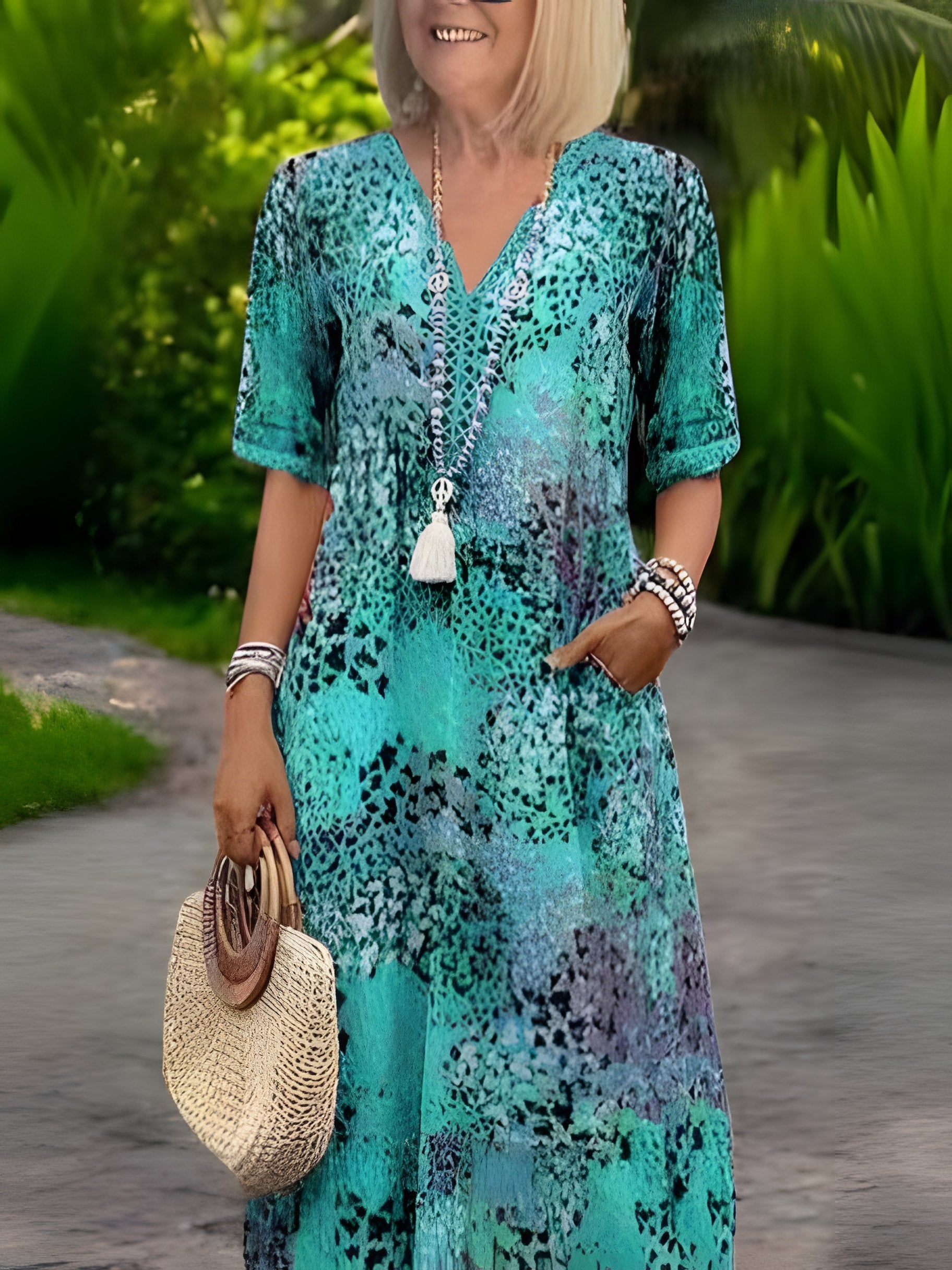 Women's Short Sleeve Summer Khaki Floral Split Joint V Neck Daily Going Out Vintage Maxi A-Line T-Shirt Dress Dress