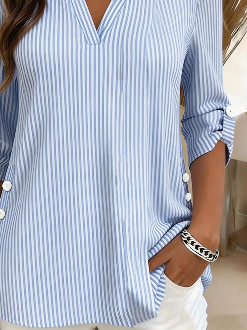 Elegant Striped Loose V Neck T-Shirt