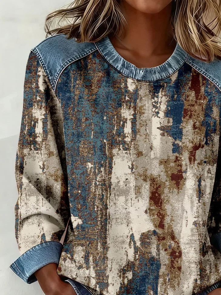 Women's Abstract Print Print Patchwork Denim Crewneck Long-Sleeved Sweatshirt