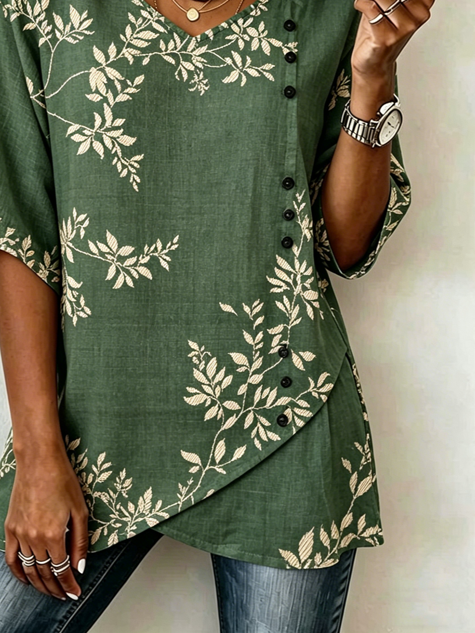 Vintage Botanical Pattern Loose V Neck Shirt