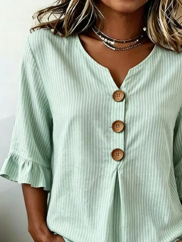 Women's Half Sleeve Blouse Summer Green Striped Printing V Neck Daily Going Out Vintage Top