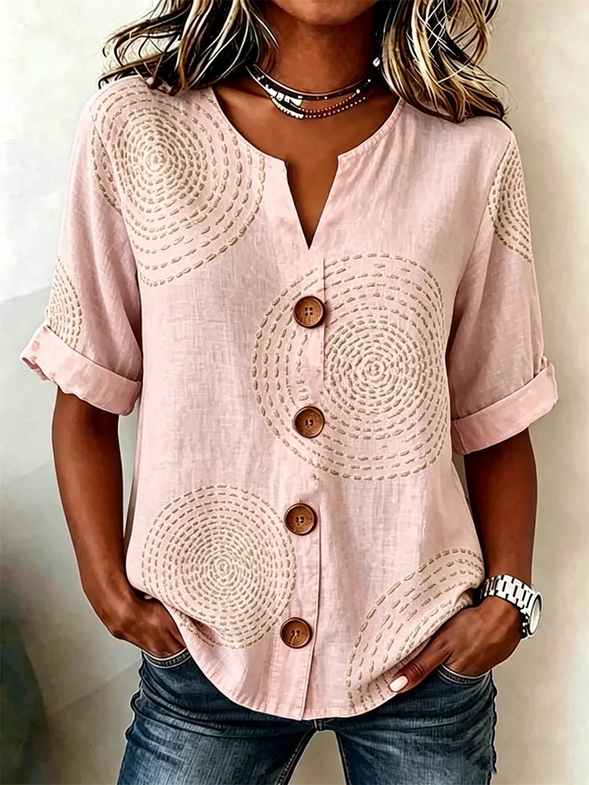 Women's Geometric Print Linen Blend V-Neck Button Front Rolled Sleeve Blouse