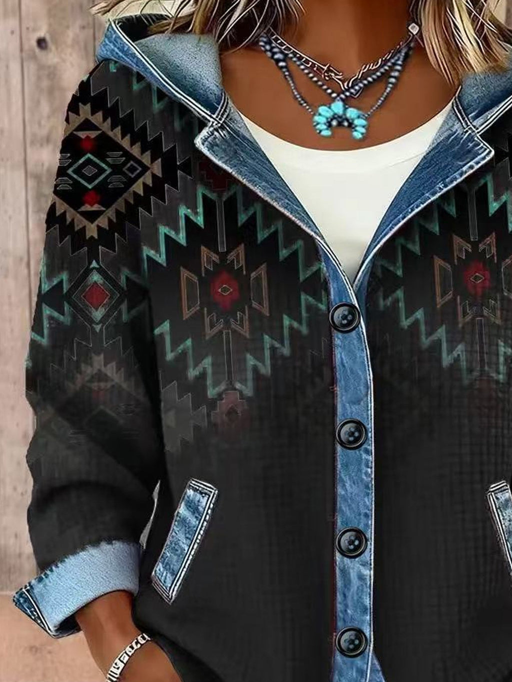 Chevron Color Block Denim Casual Loose Long Sleeve Button Cardigan with hooded Going Out Casual Hoodie