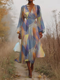Puff Sleeve Simple Gradient Pattern V Neck Dress
