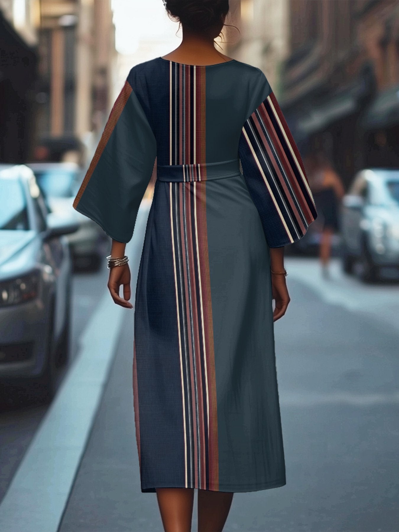 Dolman Sleeve Multicolor Block Regular Fit Vintage Crew Neck Dress With Belt