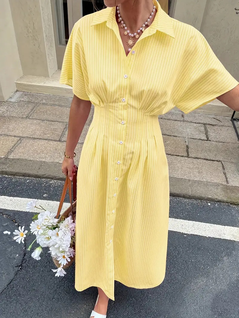 Blue Striped Slim Waist Short Sleeve Round Neck Short Dress