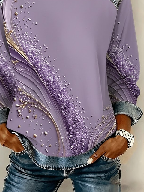 Women's Abstract Print Patchwork Denim Crewneck Long-Sleeved Sweatshirt