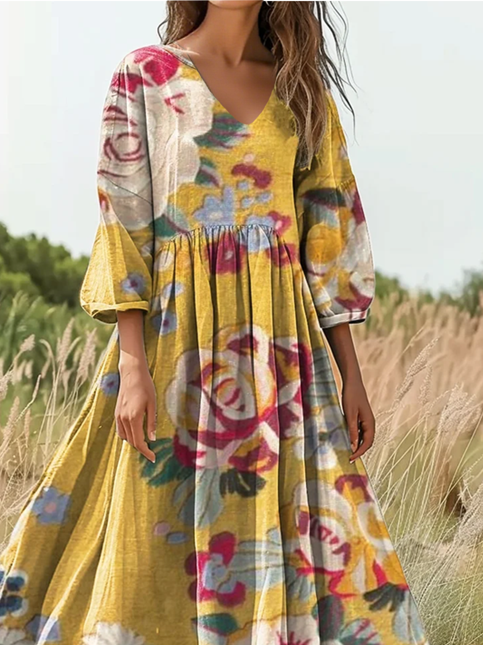 Women's Bohemian Floral Art Print Flowy Cotton Crew Neck Dress