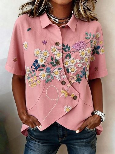 Botanical Pattern Shawl Collar Short Sleeve Asymmetry Placket Design Button Summer Going Out Casual Shirt