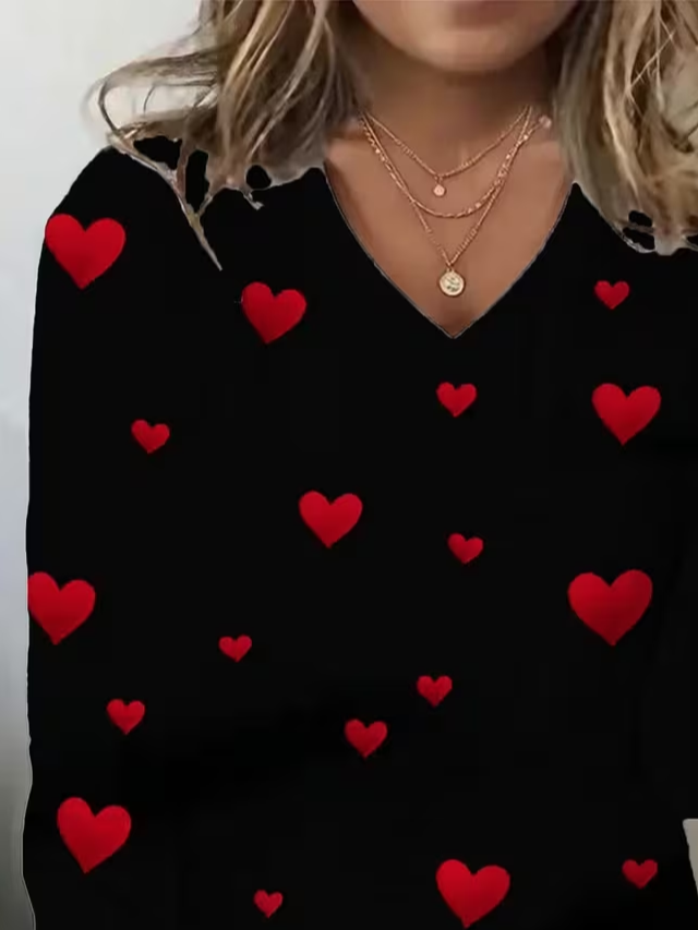 Women's Long Sleeve T-shirt Spring/Fall Black Heart/Cordate Printing Jersey V Neck Daily Going Out Casual Top
