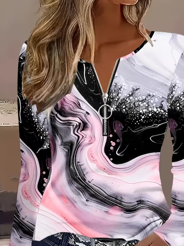 Women's Long Sleeve T-shirt Spring/Fall As Picture Abstract Printing V Neck Daily Going Out Vintage Top