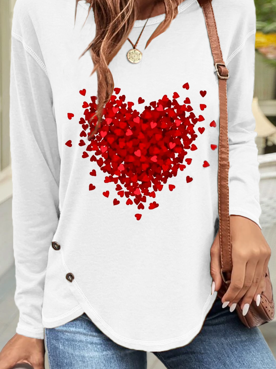 Valentine's Day Buttoned Heart Print Jersey Basic Daily Casual Crew Neck Long Sleeve T-Shirt
