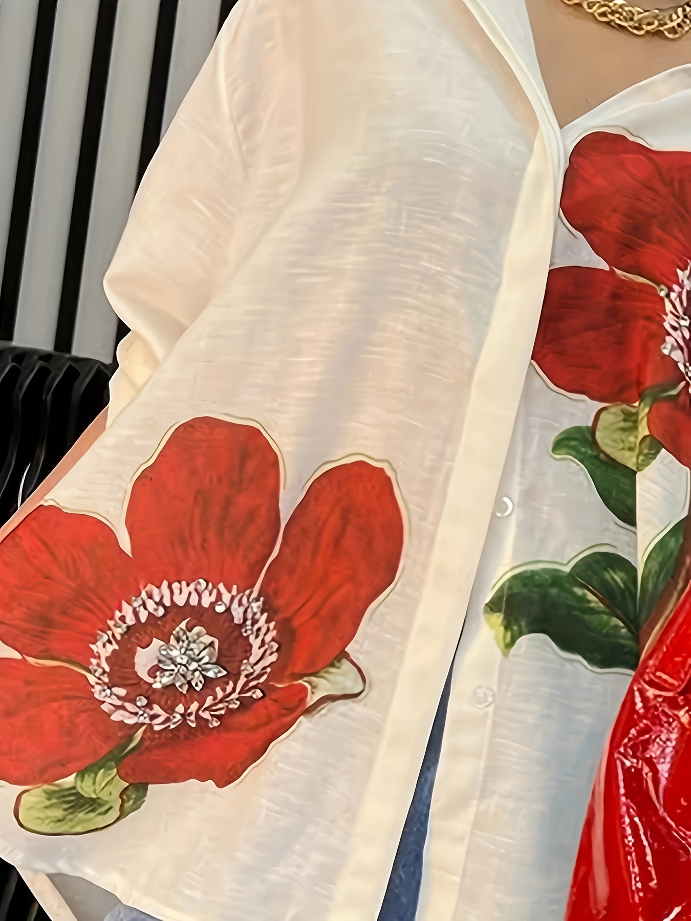 Big Scale Flower Printing Urban Shawl Collar Loose 3D Printing Casual Shirt