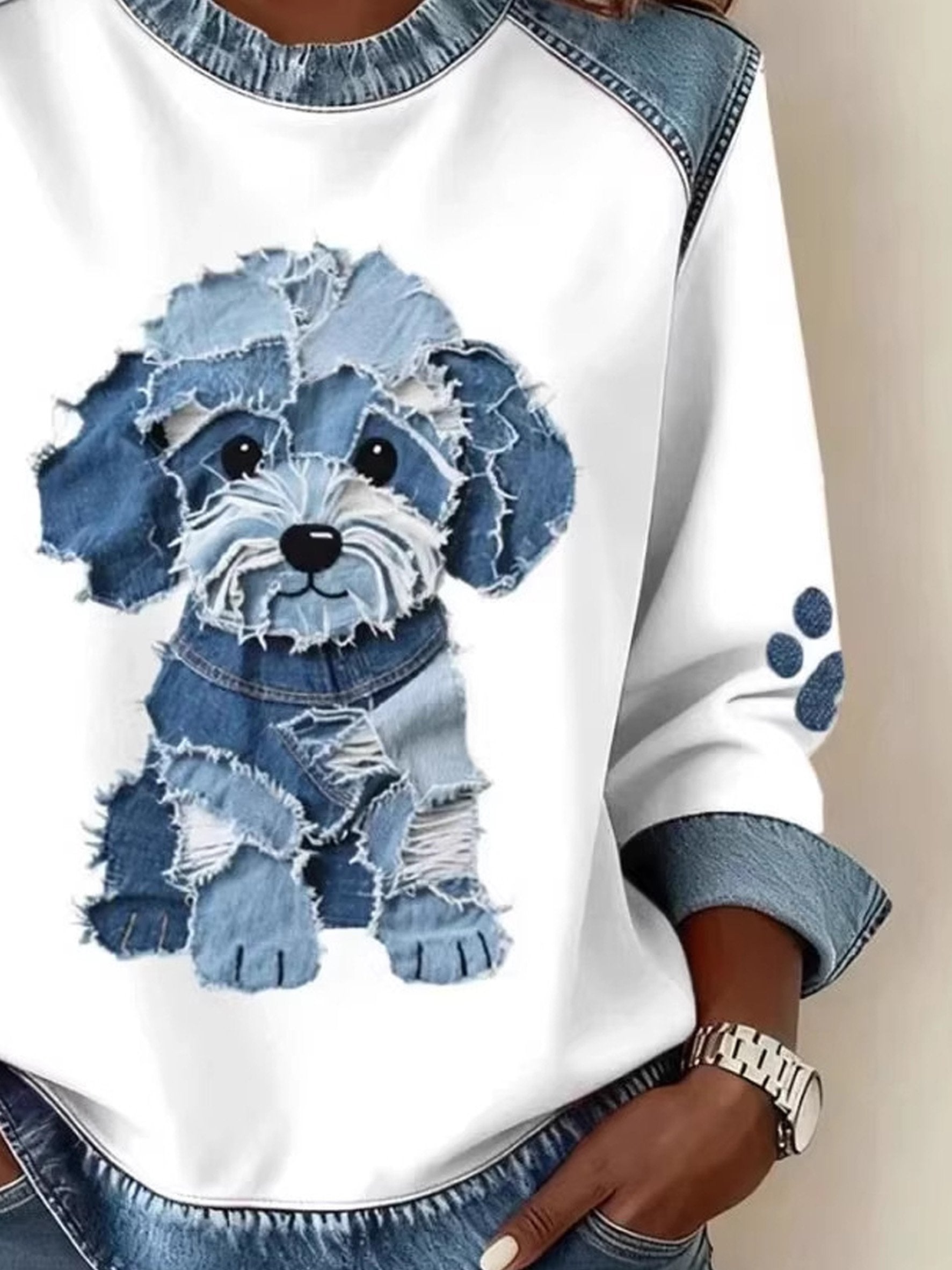 Denim Color Block Animal Crew Neck Long Sleeve Going Out Casual Sweatshirt