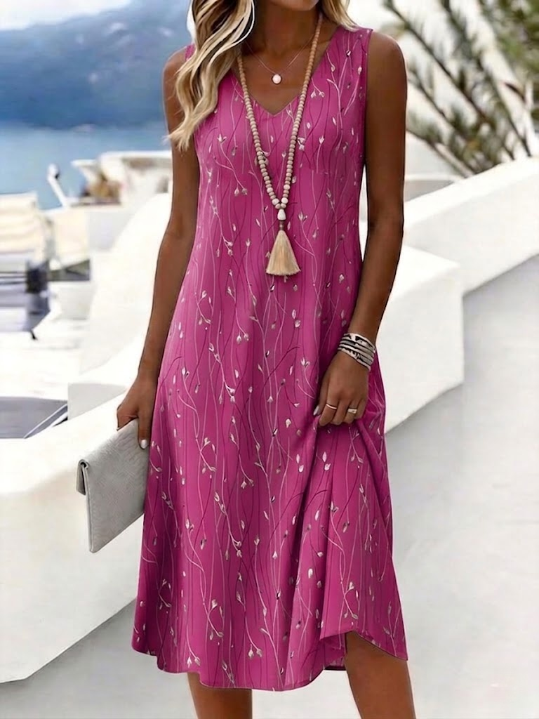 Blue Gray Gold Vine Leaf Print Sleeveless V-Neck Casual Midi Dress