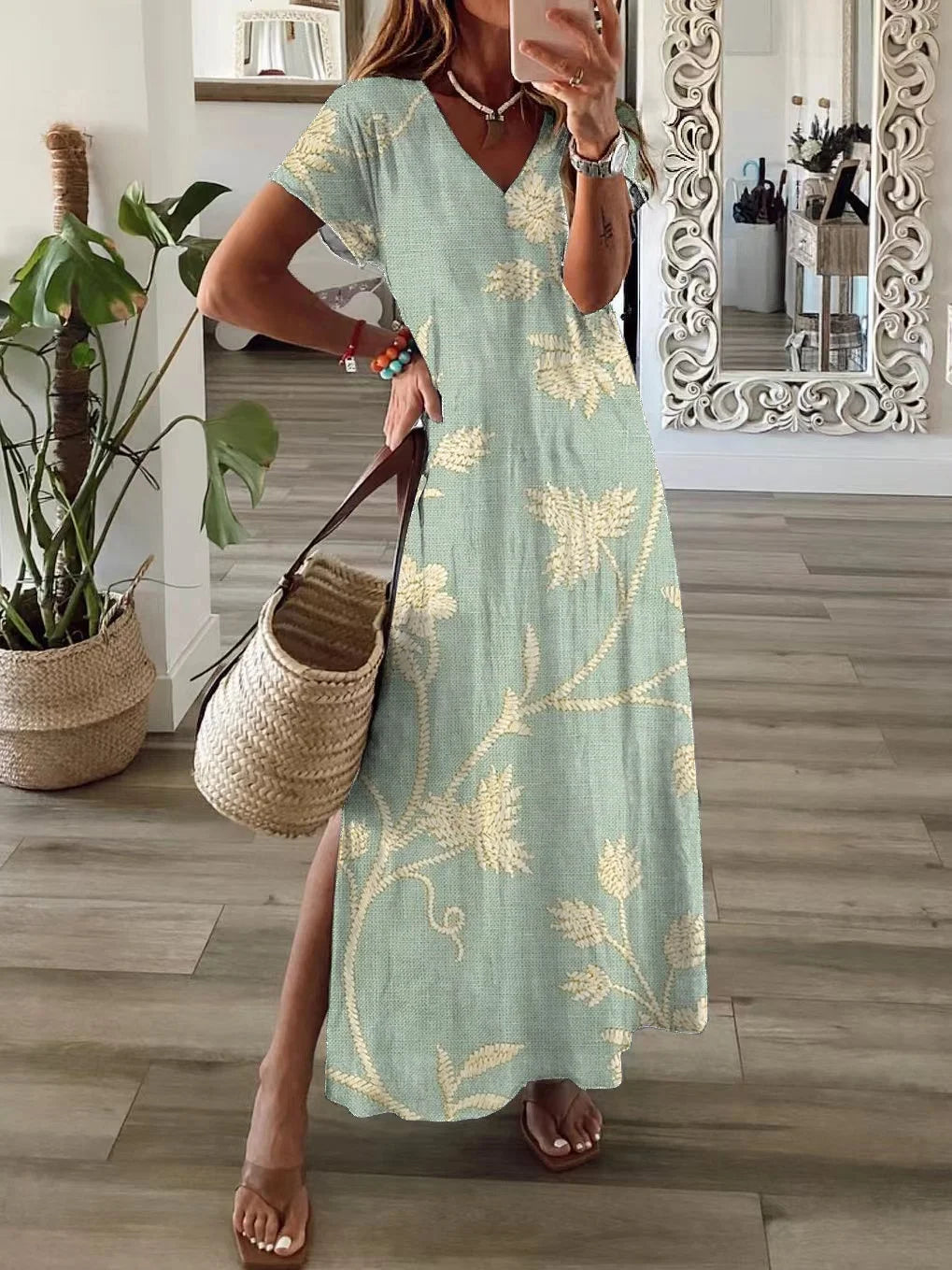 Women's Floral Print Casual V-Neck Short Sleeve Dress