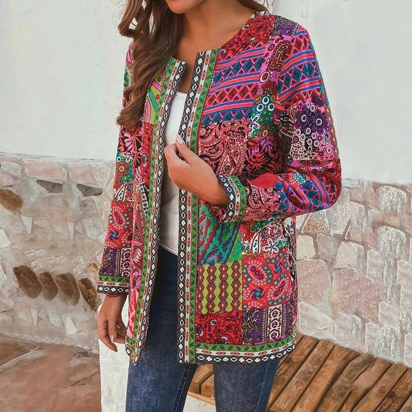 Women Casual Floral Spring/Fall Zipper Natural Loose Regular Jackets