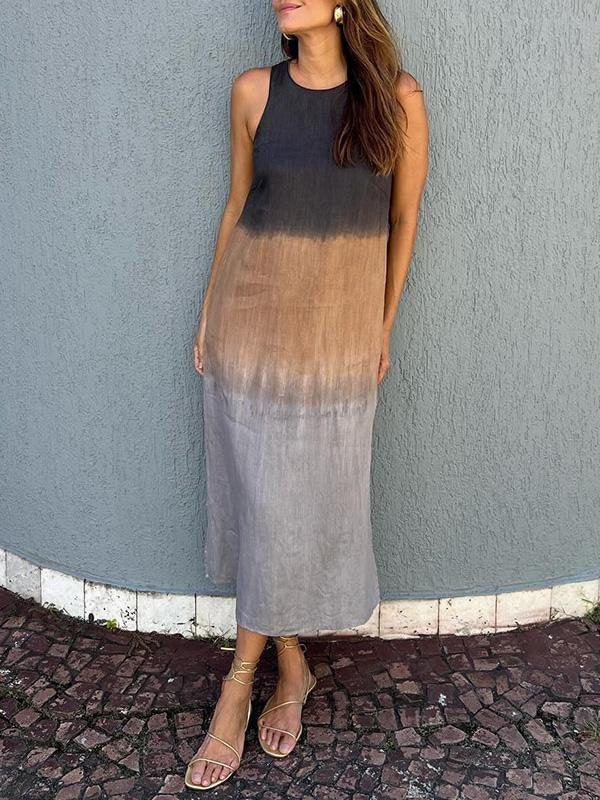 Women's Sleeveless Summer Blue Color Block Crew Neck Daily Going Out Casual Maxi A-Line Flowy Dress Dress