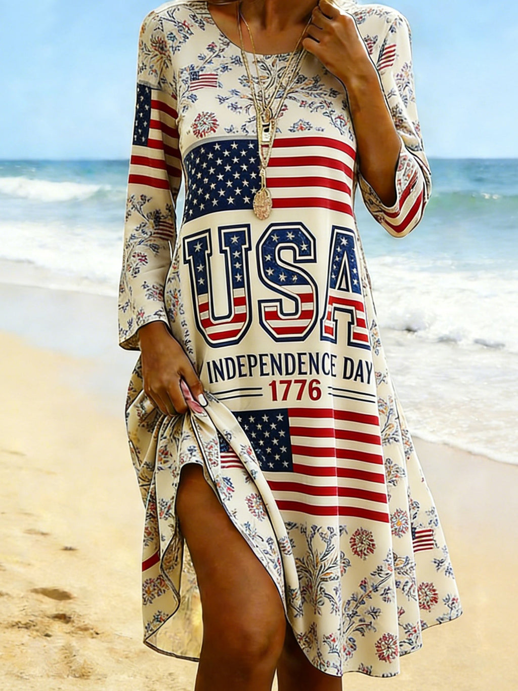 Women Floral Summer Dress America Flag Crew Neck 250th Anniversary Dress