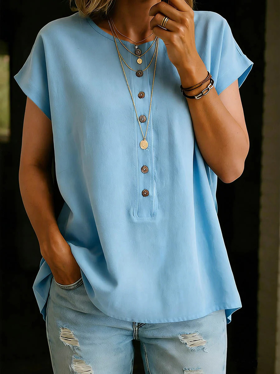 Plain Round Neck Short Sleeve Button Spring Summer Casual Blouse