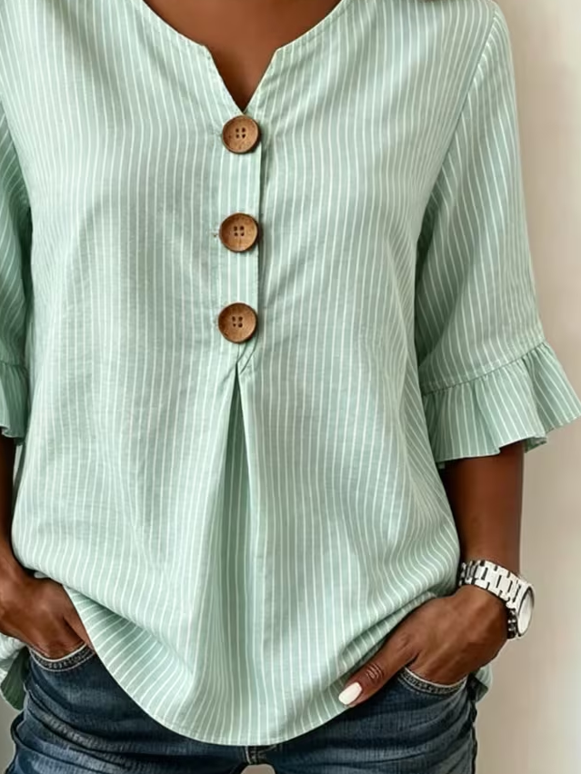 Women's Half Sleeve Blouse Summer Green Striped Printing V Neck Daily Going Out Vintage Top