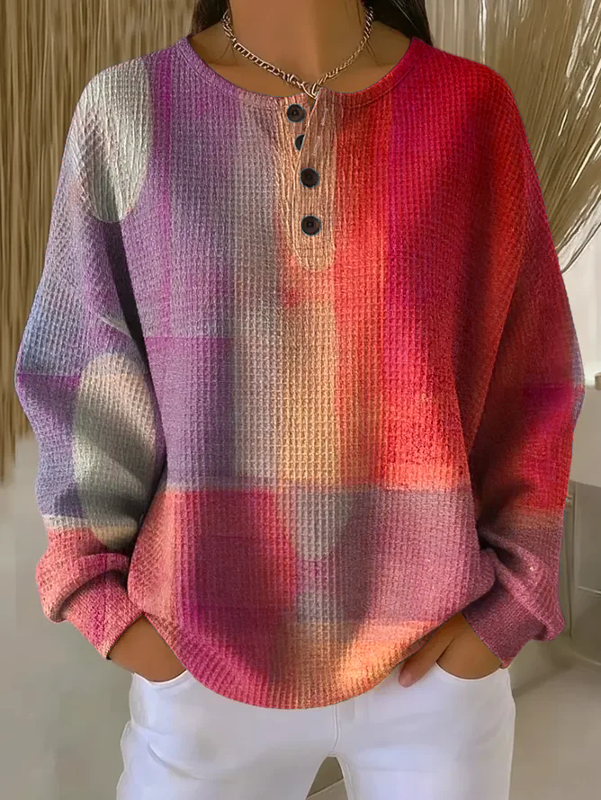 Women's Abstract Print Button-Up Casual Waffle Knit Sweatshirt