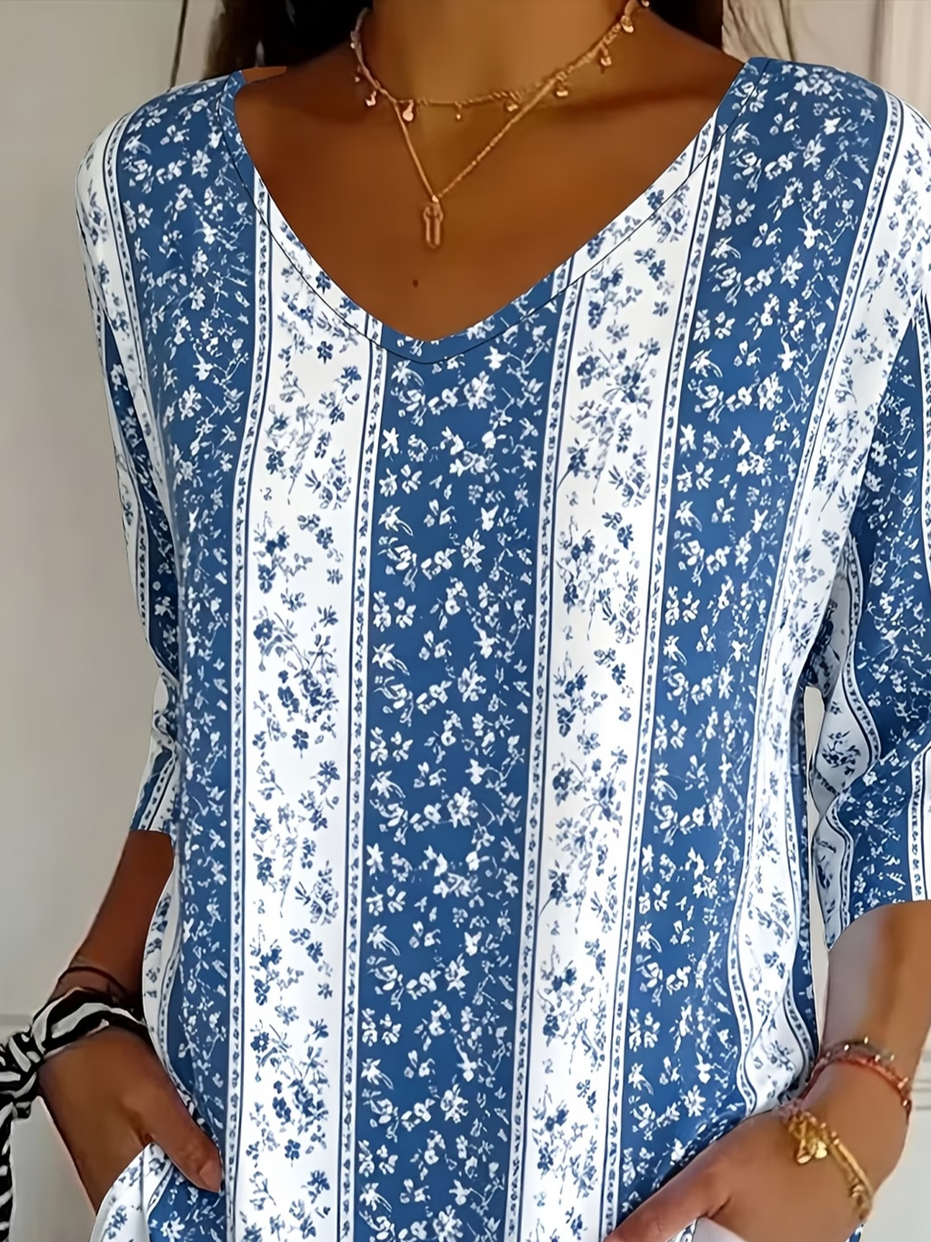 Women's Three Quarter Sleeve T-shirt Spring/Fall Blue Floral Printing V Neck Daily Going Out Casual Top