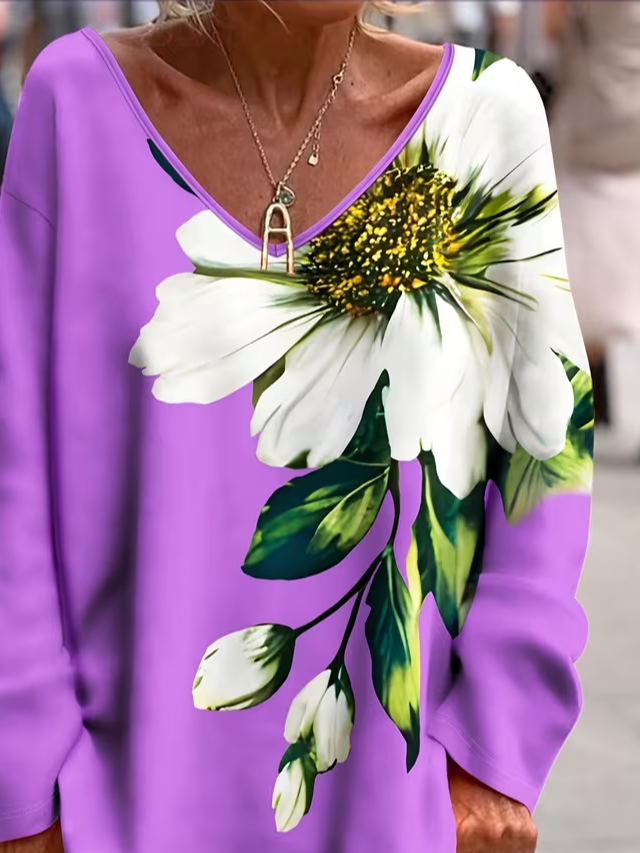 Women's Long Sleeve T-shirt Spring/Fall Purple Floral V Neck Daily Going Out Casual Top