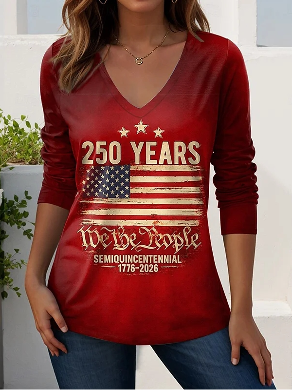 Independence Day Elegant V Neck Loose T-Shirt