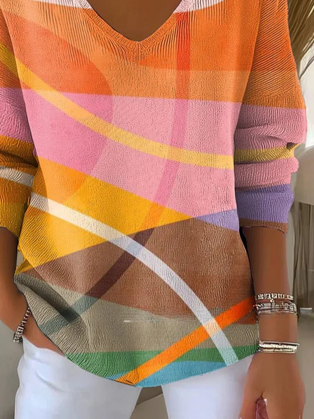 Women's Long Sleeve T-shirt Spring/Fall Orange Abstract Printing V Neck Daily Going Out Casual Top