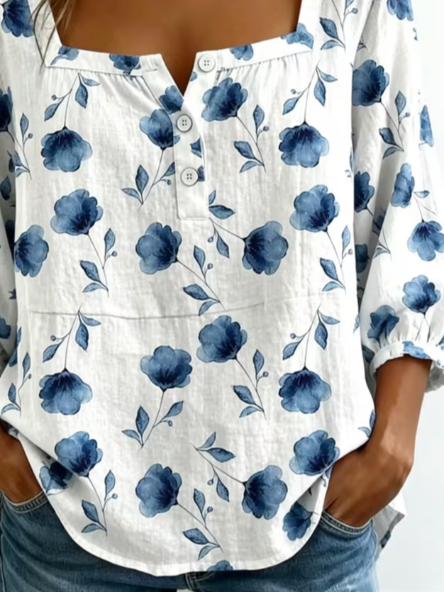 Women's Three Quarter Sleeve Blouse Spring/Fall White Floral Printing Square Neck Daily Going Out Vintage Top