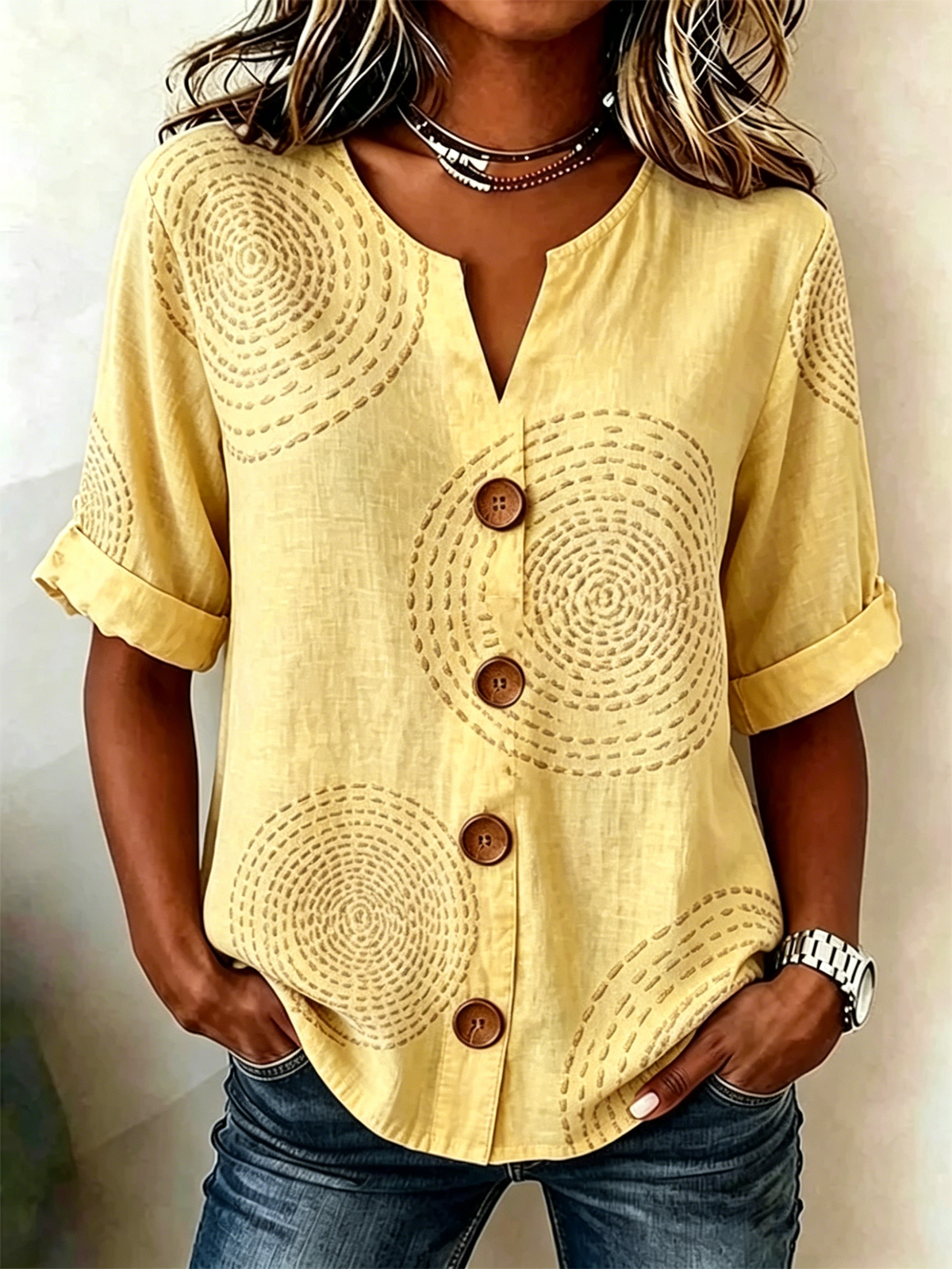 Women's Geometric Print Linen Blend V-Neck Button Front Rolled Sleeve Blouse