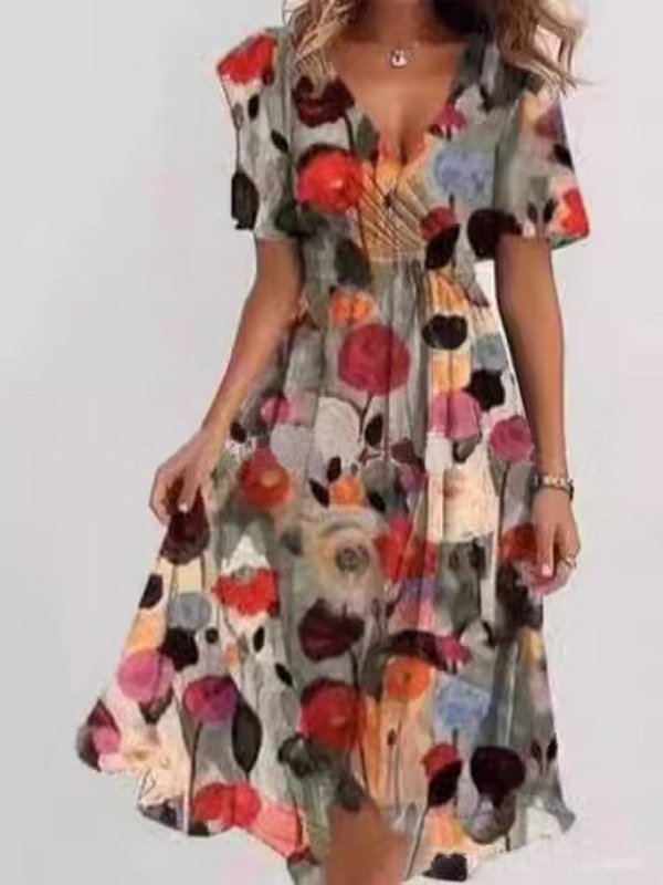 Women's Short Sleeve Summer Green Floral Printing V Neck Daily Going Out Vintage Maxi A-Line Ruffle Skirt Dress