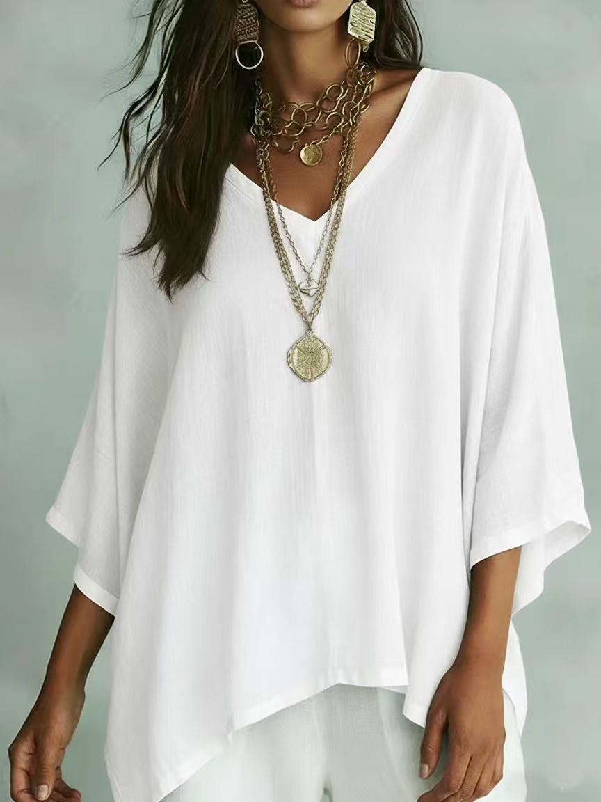 Plain V Neck Batwing Sleeve Casual T-Shirt