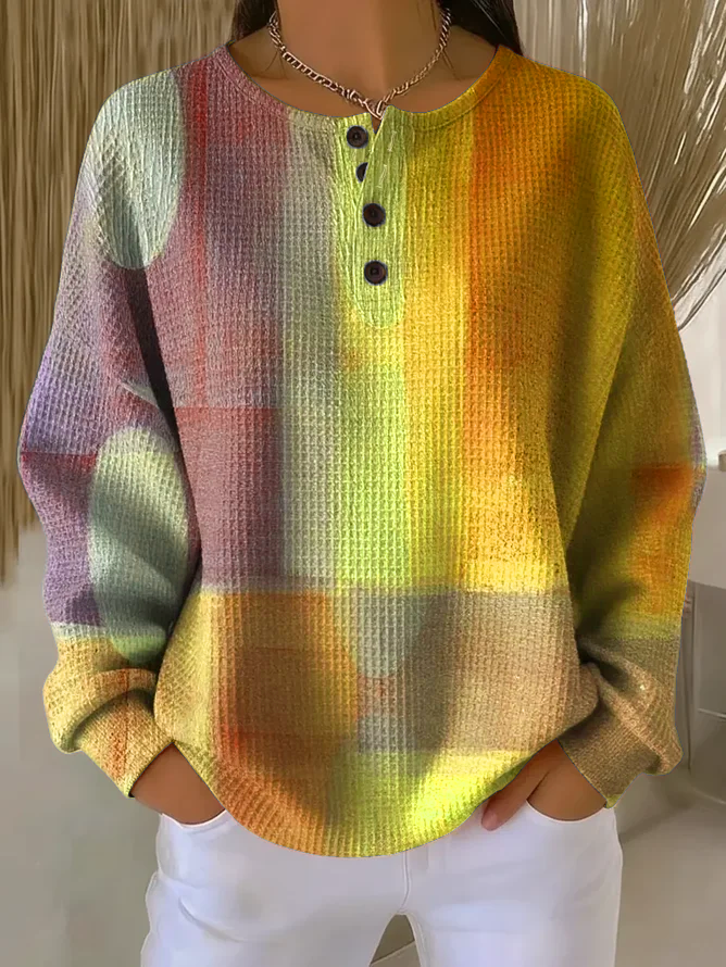 Women's Abstract Print Button-Up Casual Waffle Knit Sweatshirt